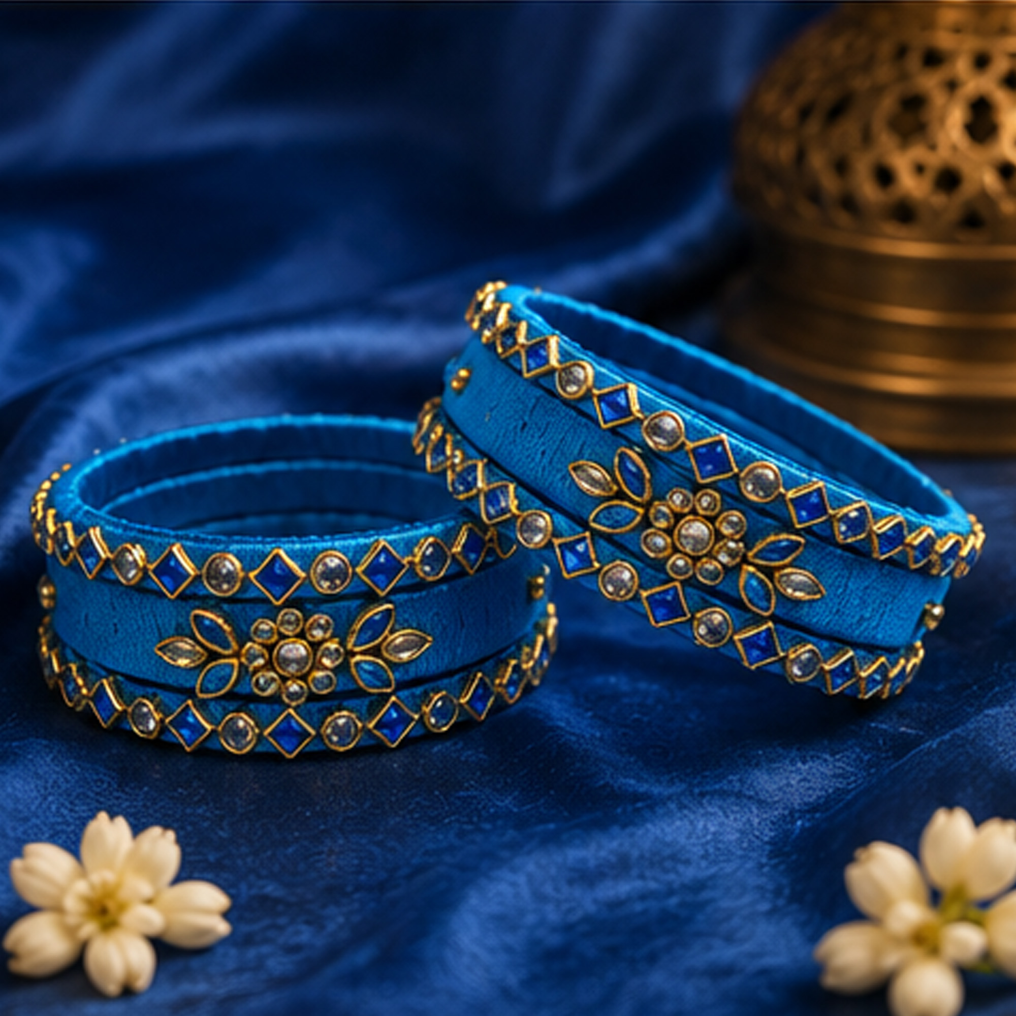 Sky blue and gold floral silk thread bangles displayed on a marble surface