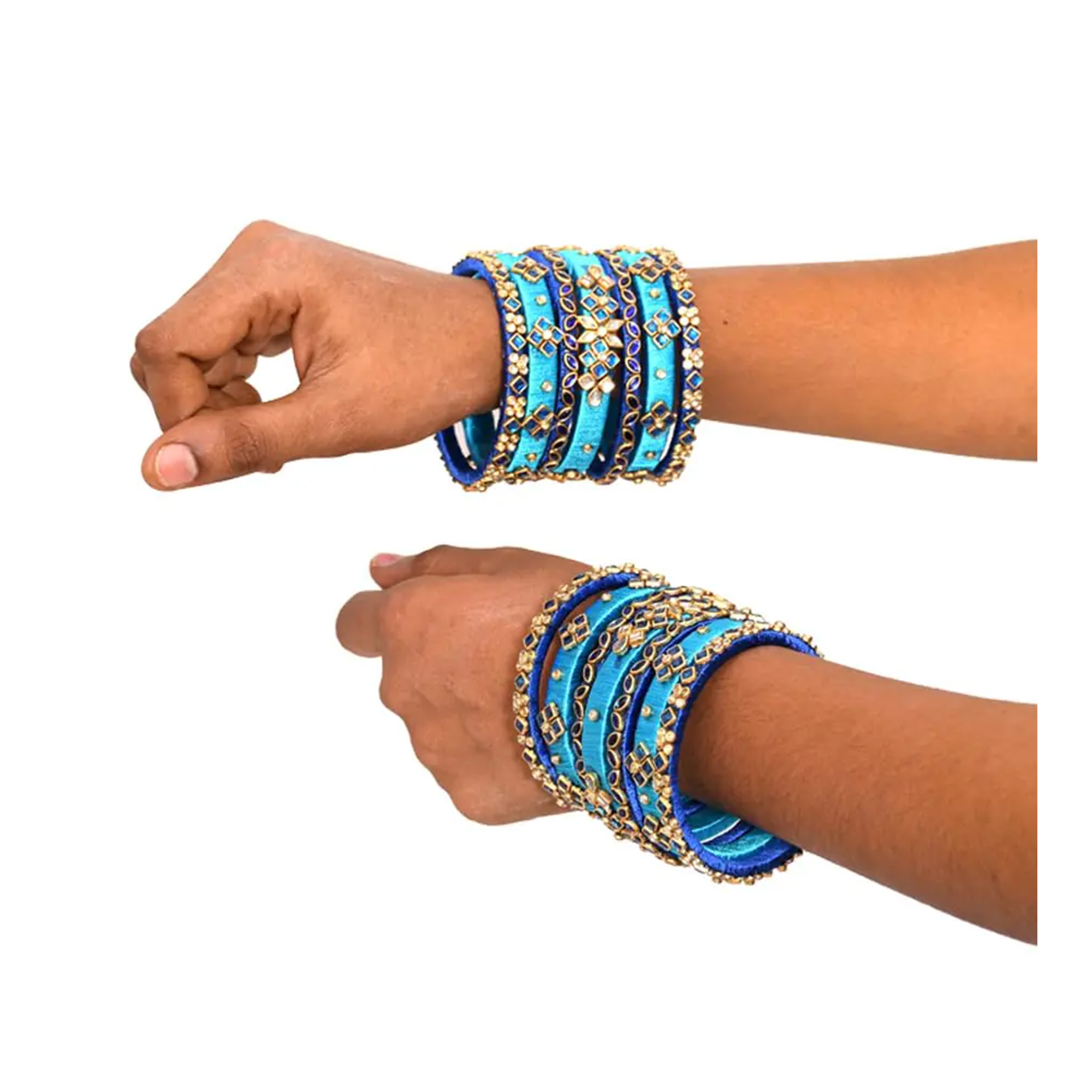Sky blue and gold floral silk thread bangles worn by a woman
