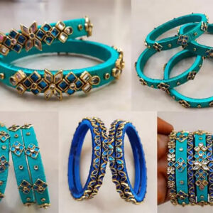 Sky blue and gold floral silk thread bangles product arrangement