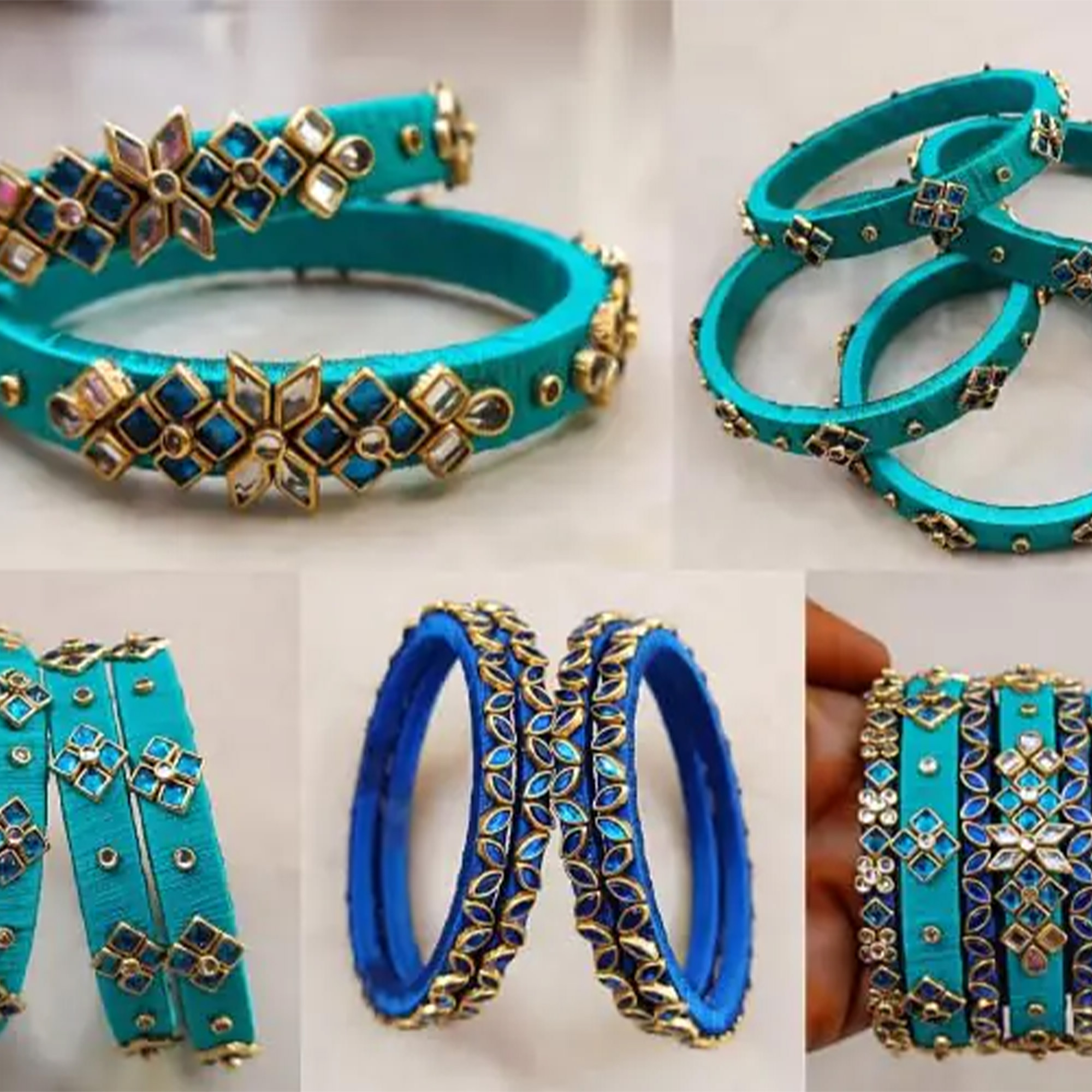 sklazo-sky-blue-gold-floral-silk-thread-bangles-premium Sky blue and gold floral silk thread bangles product arrangement