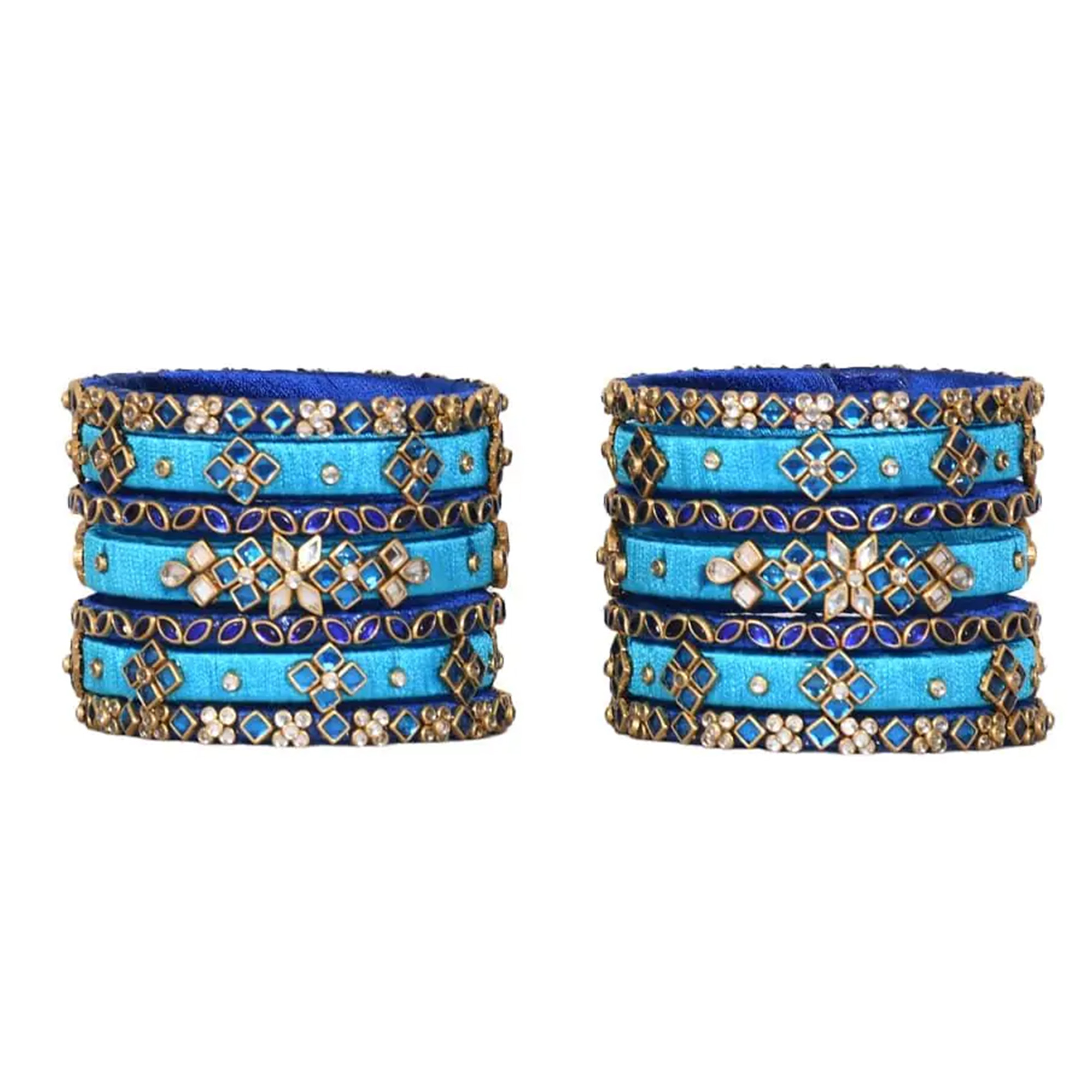 Sky blue and gold floral silk thread bangles on white background