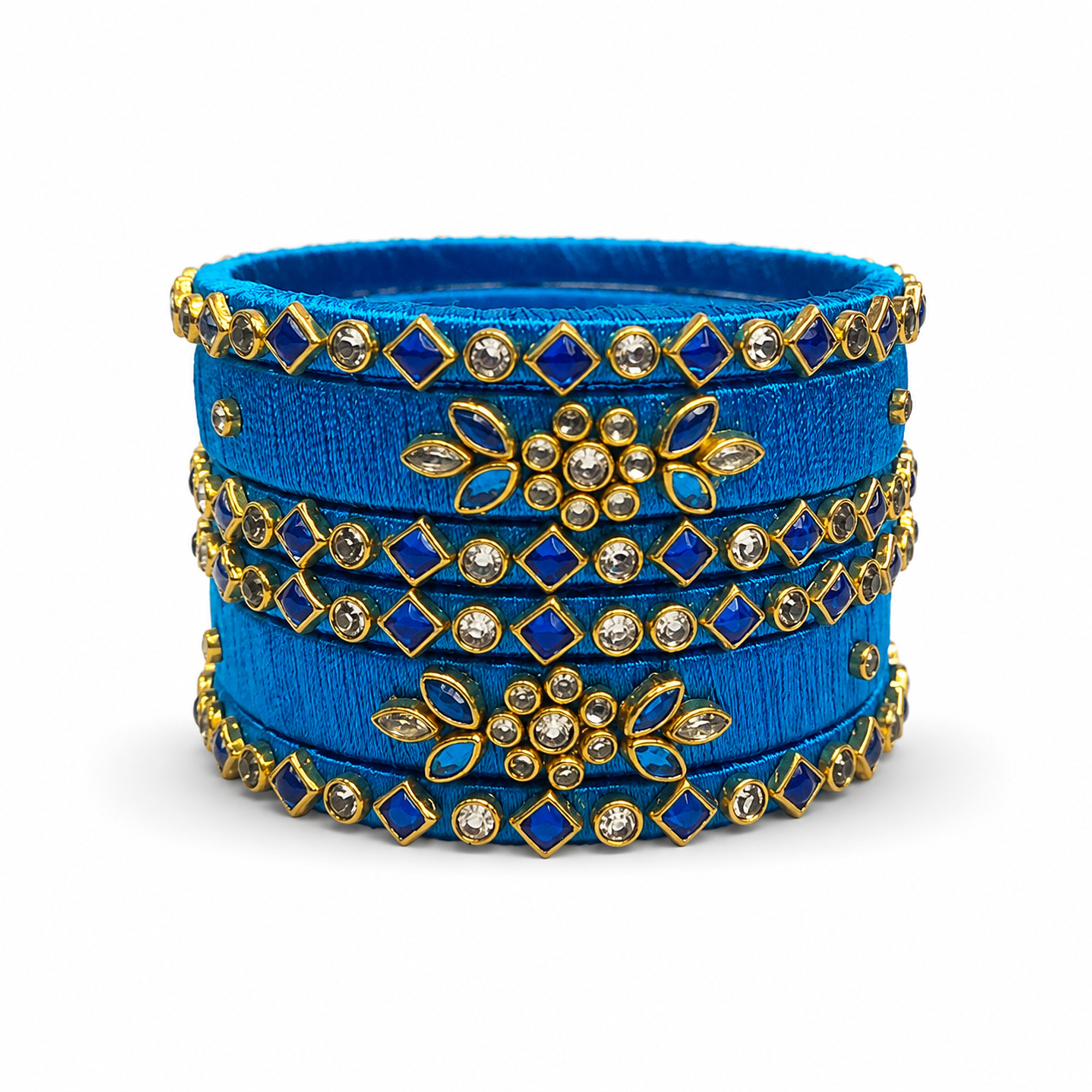 Sky blue and gold floral silk thread bangles product showcase