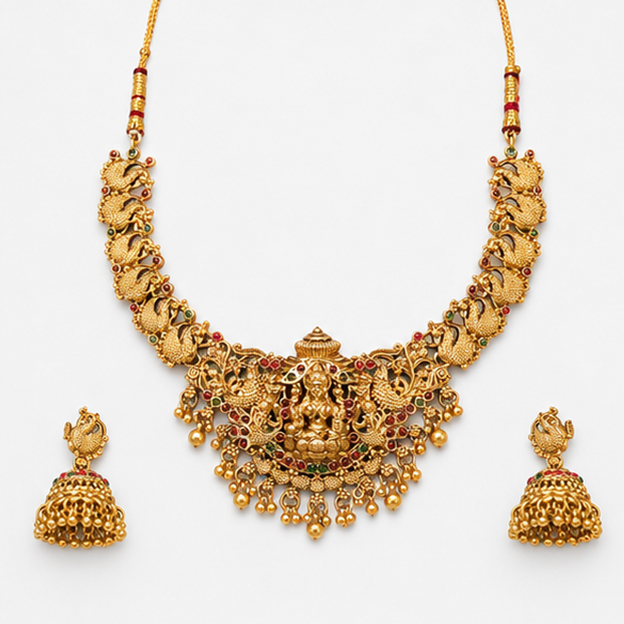 Traditional Antique Gold Bridal Necklace Set on White Background