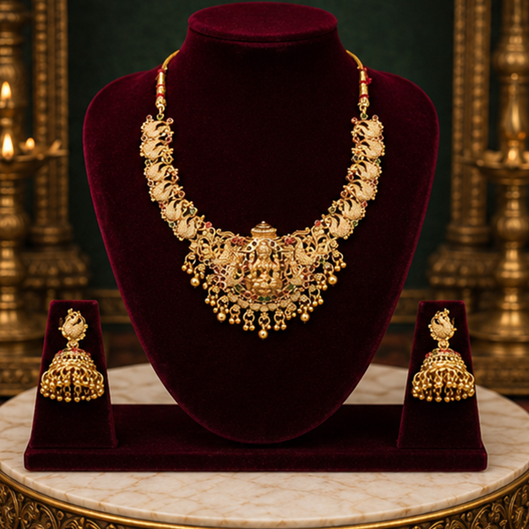 Traditional Antique Gold Bridal Necklace Set on Maroon Bust