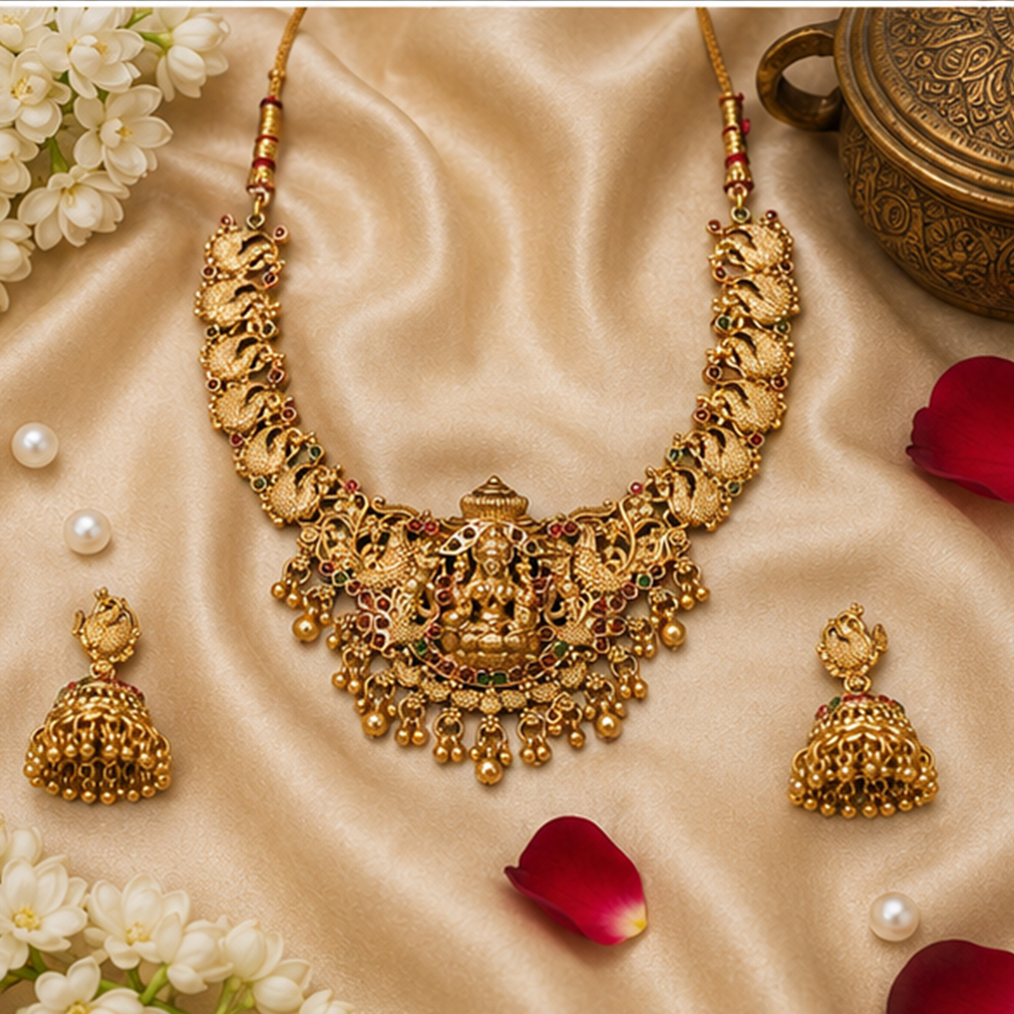 Traditional Antique Gold Bridal Necklace Set on Silk Background