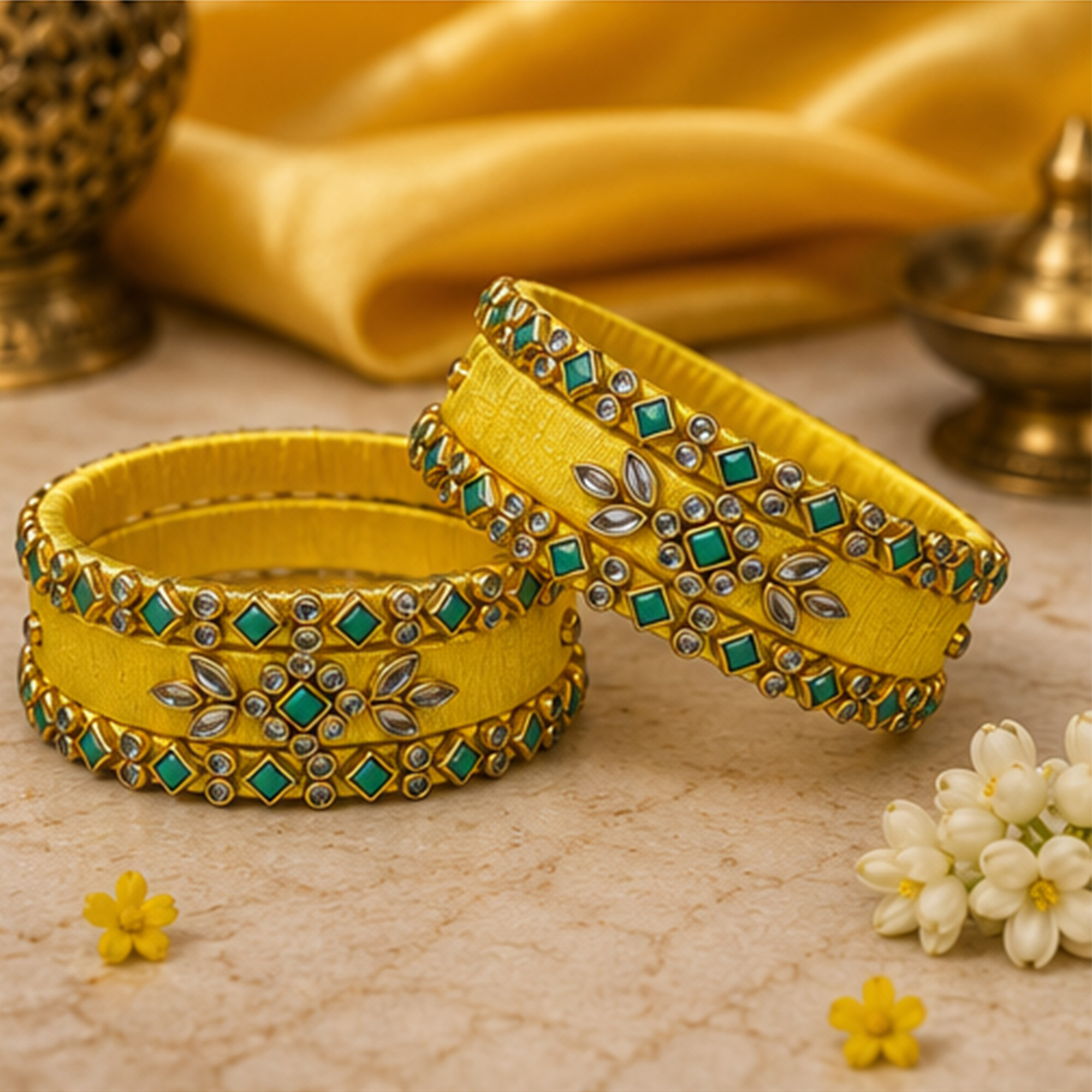 Yellow and Turquoise Floral Silk Thread Bangles Product Arrangement