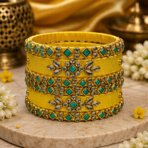 Yellow and Turquoise Floral Silk Thread Bangles Lifestyle Display