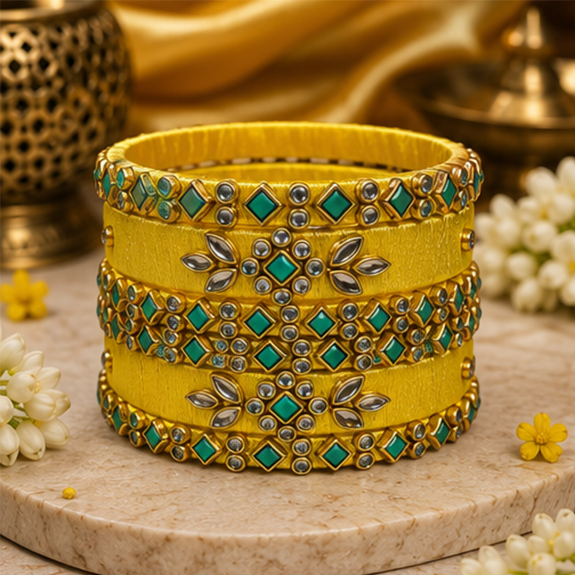 sklazo-yellow-and-turquoise-floral-silk-thread-bangles-lifestyle Yellow and Turquoise Floral Silk Thread Bangles Lifestyle Display