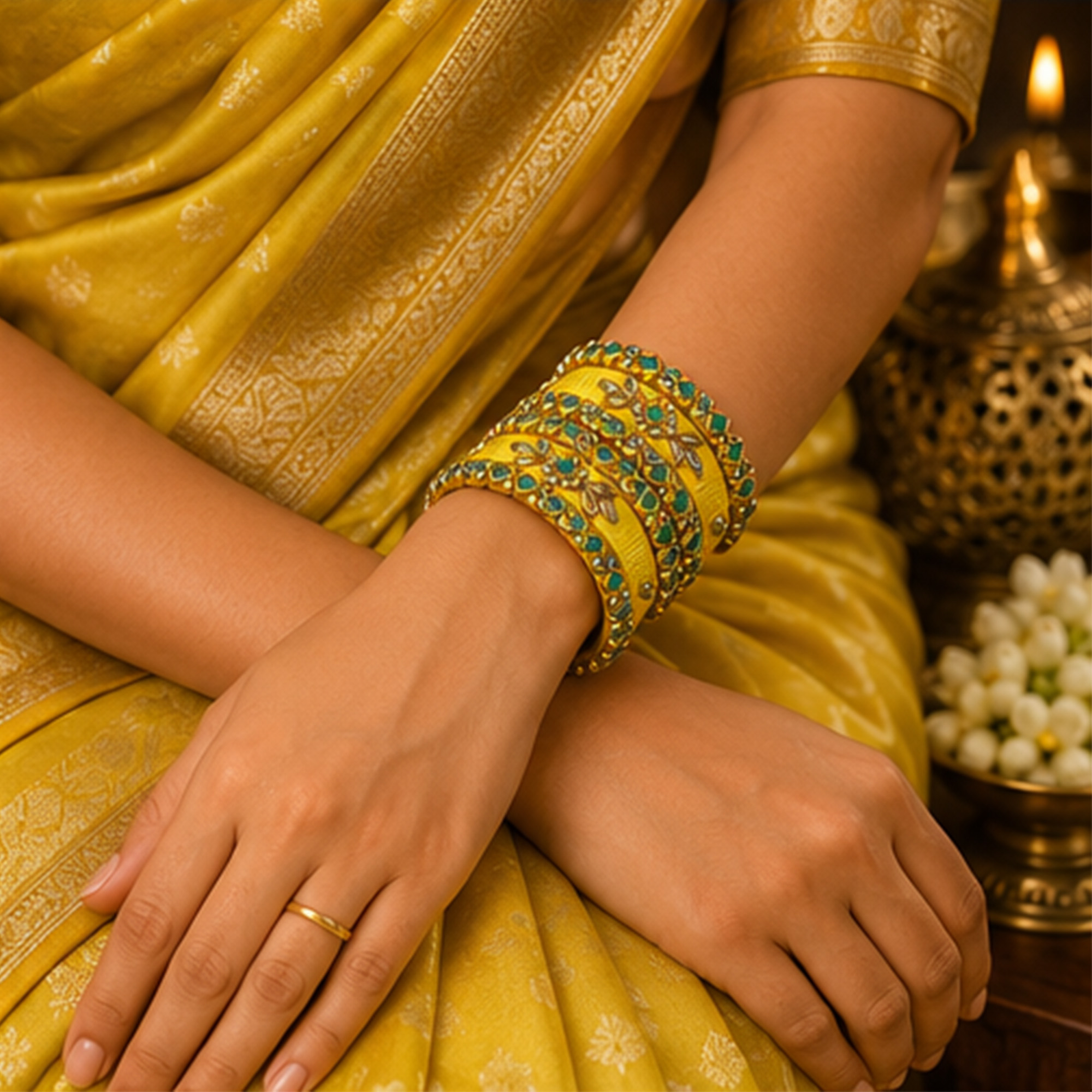 Yellow and Turquoise Floral Silk Thread Bangles Worn by Woman
