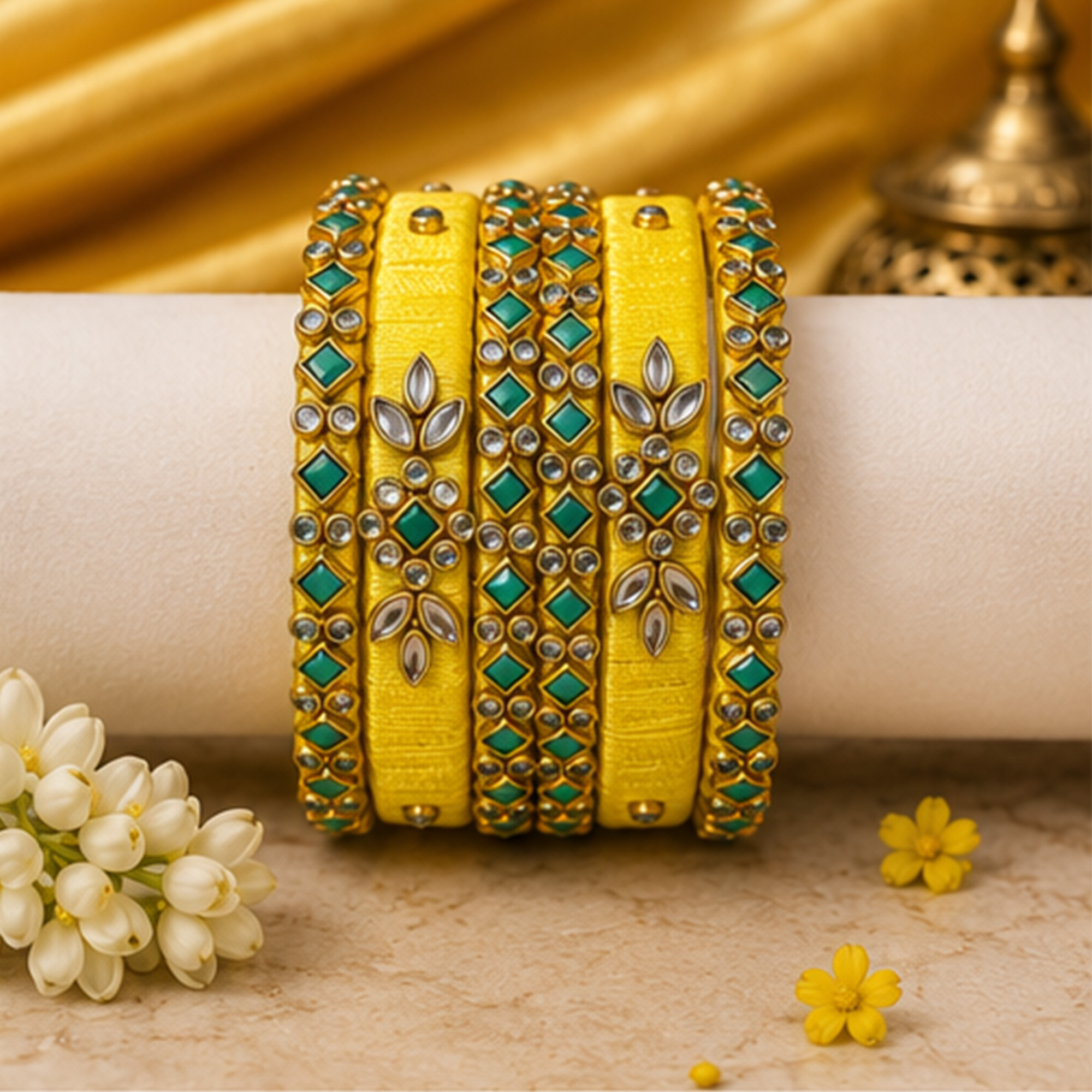 Yellow and Turquoise Floral Silk Thread Bangles Close-Up