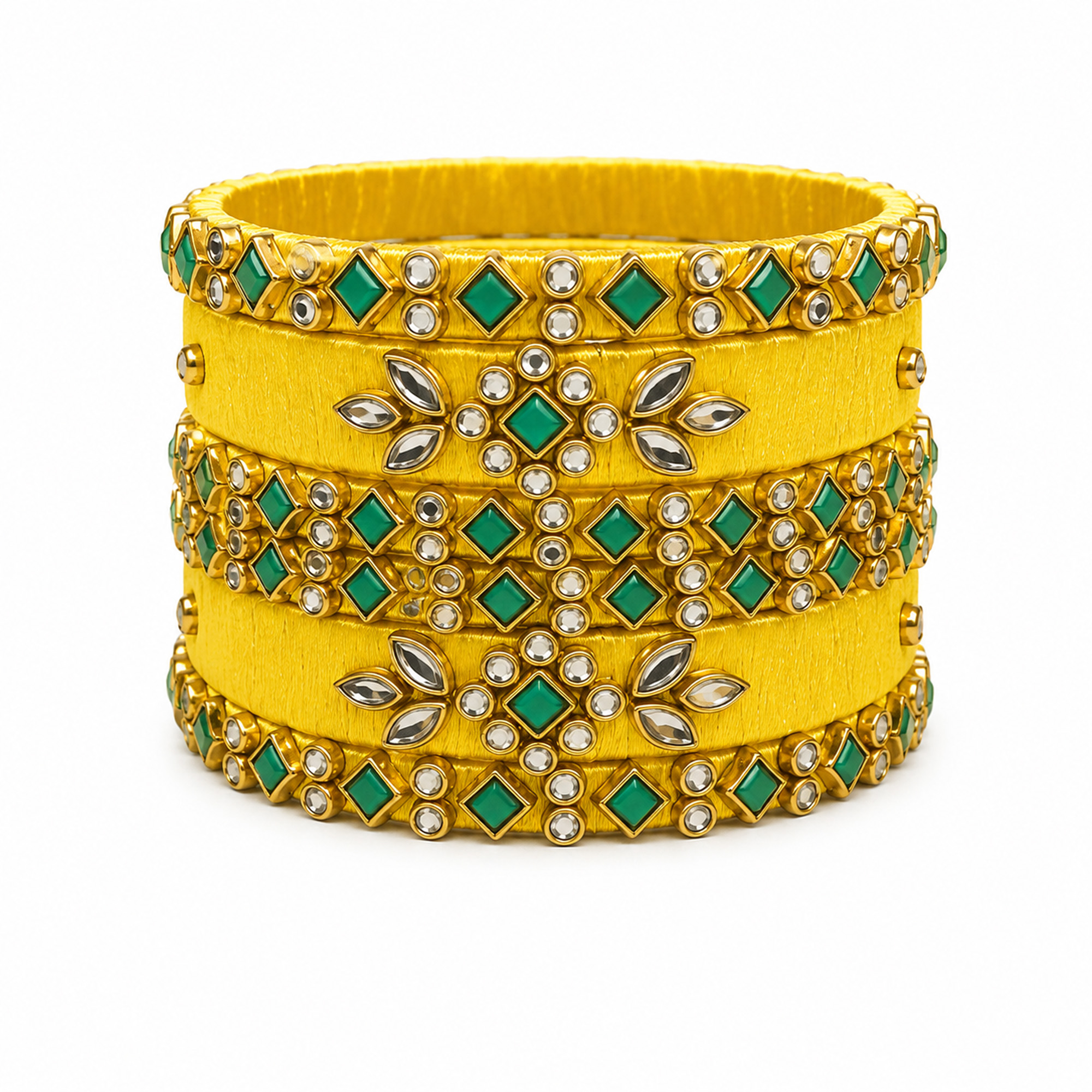 Yellow and Turquoise Floral Silk Thread Bangles Product Display